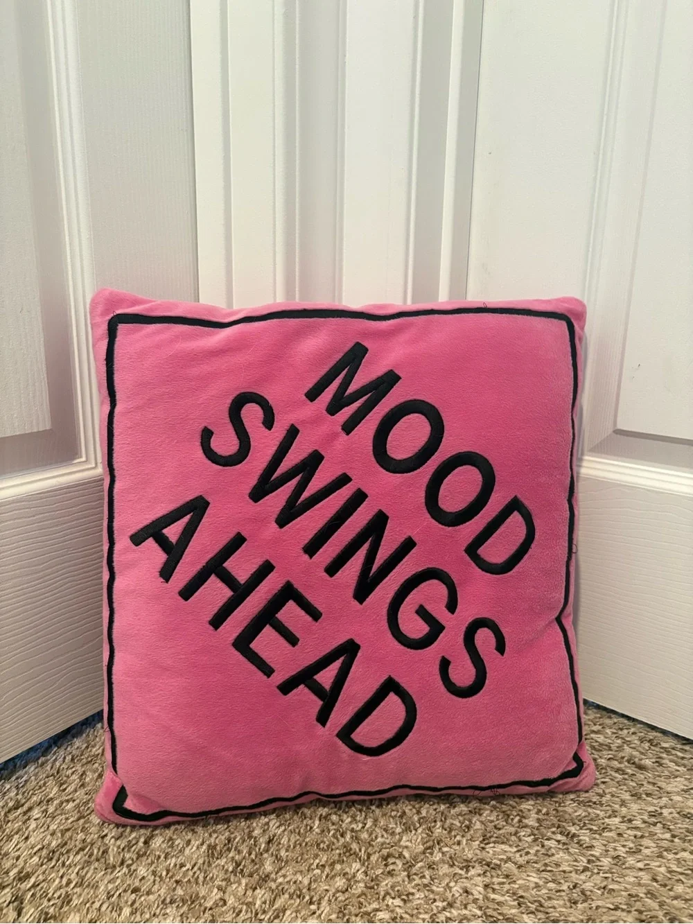Pink Sign Pillow Warning Mood Swings Ahead